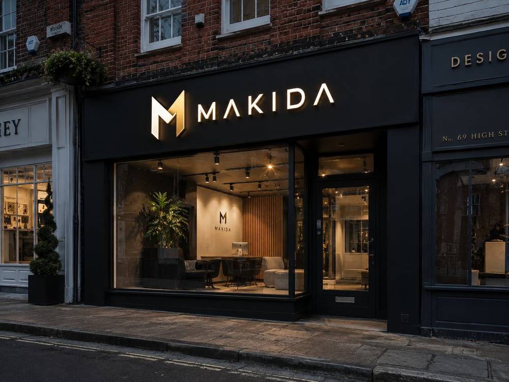 New shopfront after: illuminated Makida sign