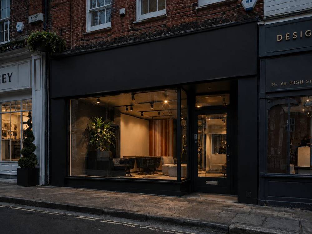 New shopfront before: blank fascia, no sign